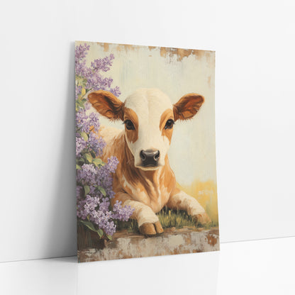 Caramel White Calf Lilac Bush Rustic art print leaning against a white wall – tan and cream calf lying in grass beside purple