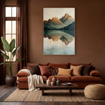 Mirrored Mountain Lake Minimalist Landscape wall art in a warm boho-style room – abstract mountain peaks in rust