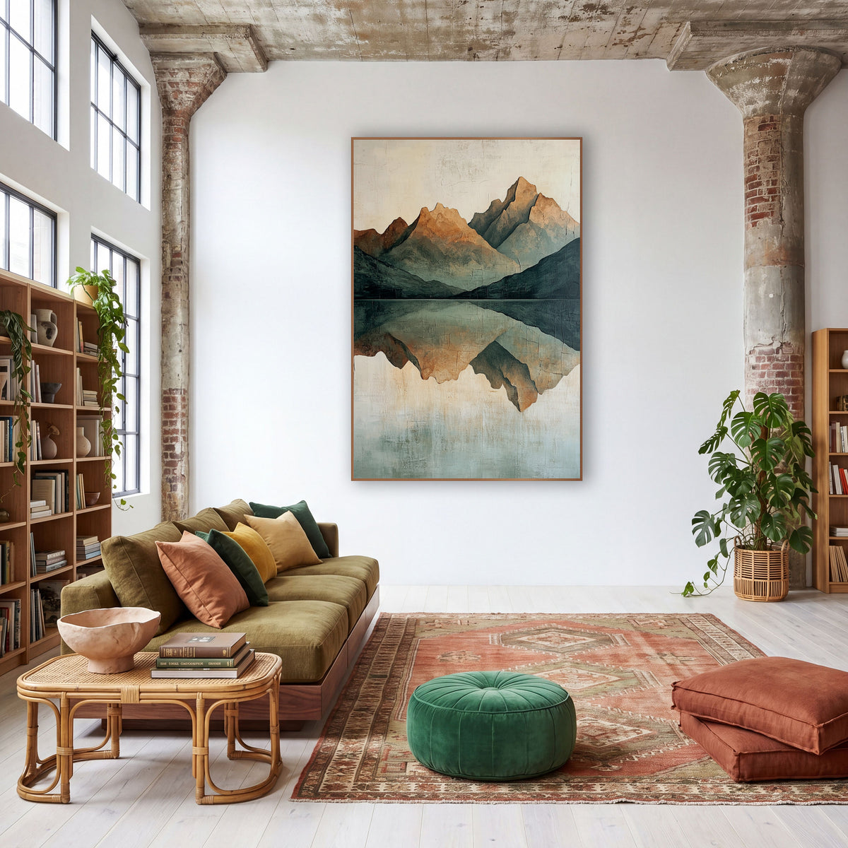 Mirrored Mountain Lake Minimalist Landscape wall art in a warm boho-style room – abstract mountain peaks in rust