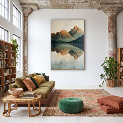 Mirrored Mountain Lake Minimalist Landscape wall art in a warm boho-style room – abstract mountain peaks in rust