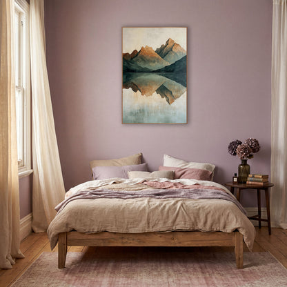 Mirrored Mountain Lake Minimalist Landscape wall art in a warm boho-style room – abstract mountain peaks in rust