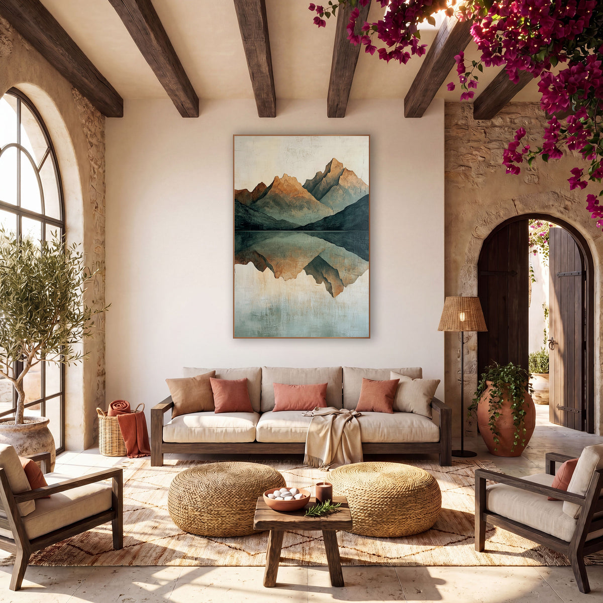 Mirrored Mountain Lake Minimalist Landscape wall art in a warm boho-style room – abstract mountain peaks in rust