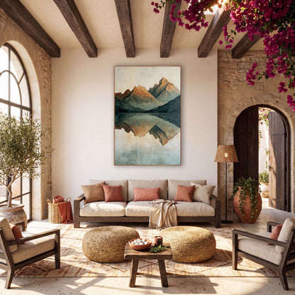 Mirrored Mountain Lake Minimalist Landscape wall art in a warm boho-style room – abstract mountain peaks in rust