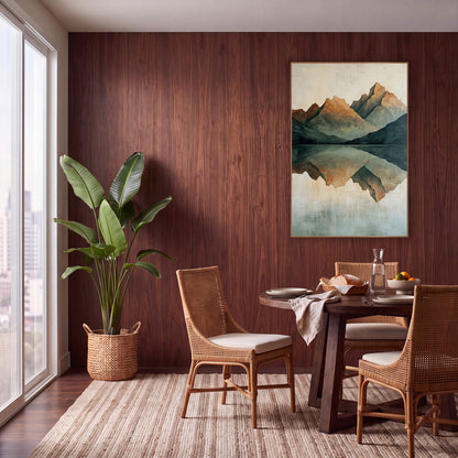 Mirrored Mountain Lake Minimalist Landscape wall art in a warm boho-style room – abstract mountain peaks in rust