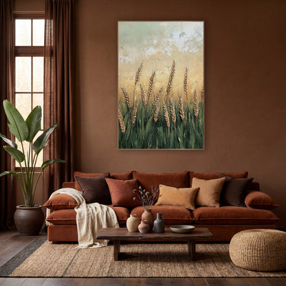 Golden Wheat Field Bohemian Landscape wall art in a warm boho-style room – golden wheat ears rising from green stalks