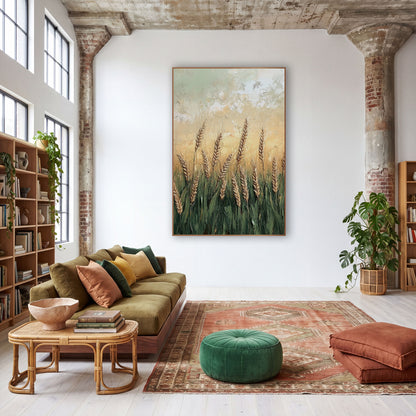 Golden Wheat Field Bohemian Landscape wall art in a warm boho-style room – golden wheat ears rising from green stalks