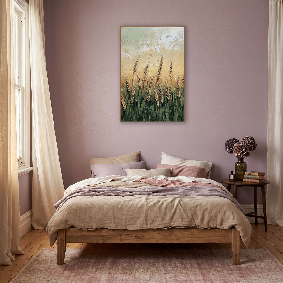 Golden Wheat Field Bohemian Landscape wall art in a warm boho-style room – golden wheat ears rising from green stalks