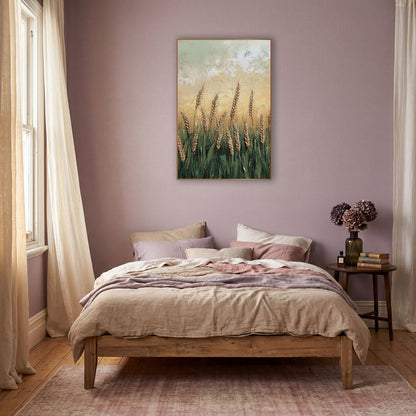 Golden Wheat Field Bohemian Landscape wall art in a warm boho-style room – golden wheat ears rising from green stalks