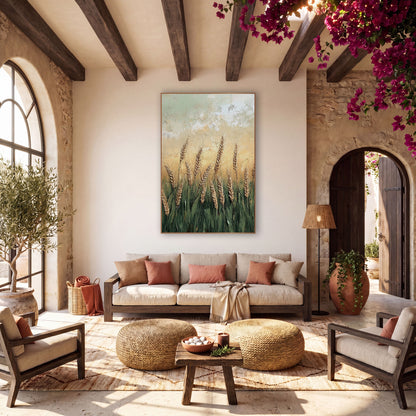 Golden Wheat Field Bohemian Landscape wall art in a warm boho-style room – golden wheat ears rising from green stalks