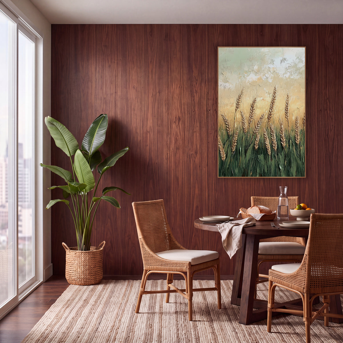 Golden Wheat Field Bohemian Landscape wall art in a warm boho-style room – golden wheat ears rising from green stalks