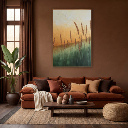 Amber Wheat Field Boho Landscape wall art in a warm boho-style room – tall golden wheat stalks over a sage green field