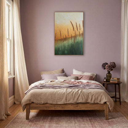 Amber Wheat Field Boho Landscape wall art in a warm boho-style room – tall golden wheat stalks over a sage green field