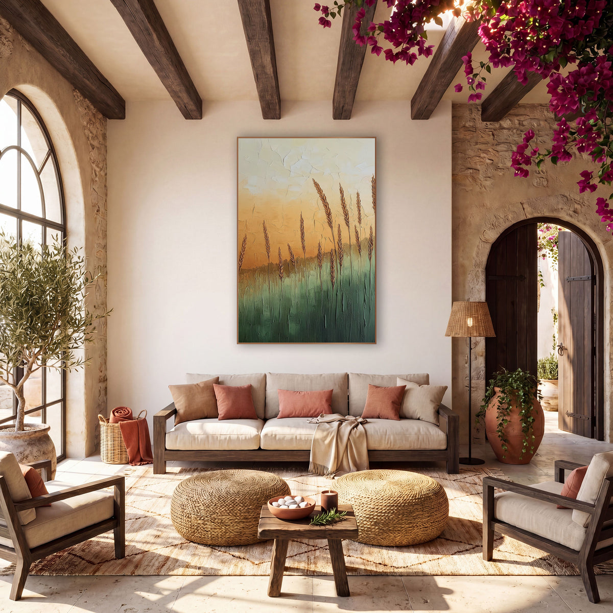 Amber Wheat Field Boho Landscape wall art in a warm boho-style room – tall golden wheat stalks over a sage green field
