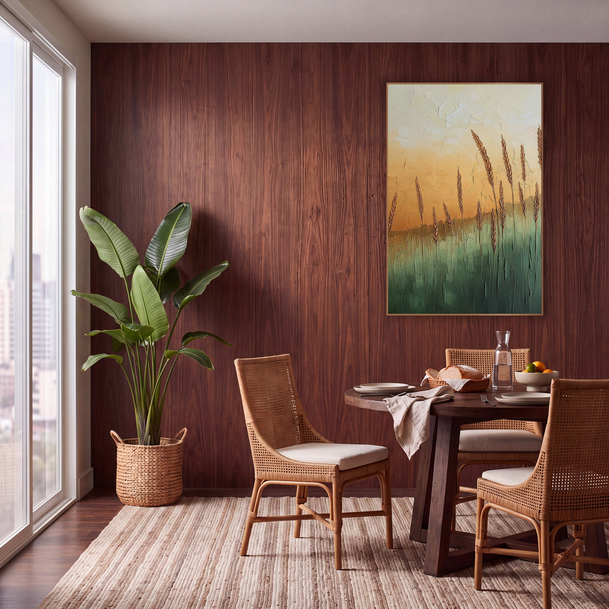 Amber Wheat Field Boho Landscape wall art in a warm boho-style room – tall golden wheat stalks over a sage green field