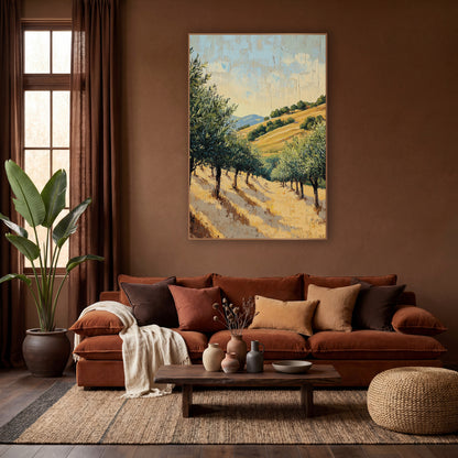 Golden Olive Grove Boho wall art in a warm boho-style room – olive trees on a golden grass hillside with long shadows