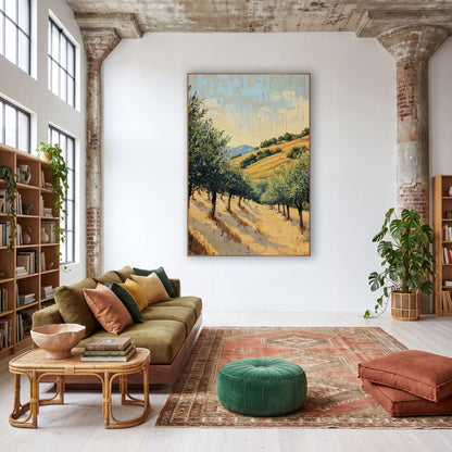 Golden Olive Grove Boho wall art in a warm boho-style room – olive trees on a golden grass hillside with long shadows