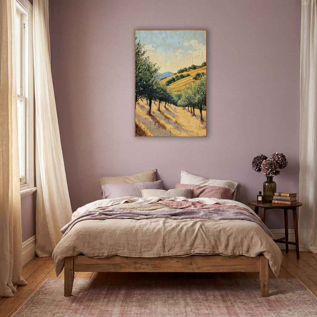 Golden Olive Grove Boho wall art in a warm boho-style room – olive trees on a golden grass hillside with long shadows