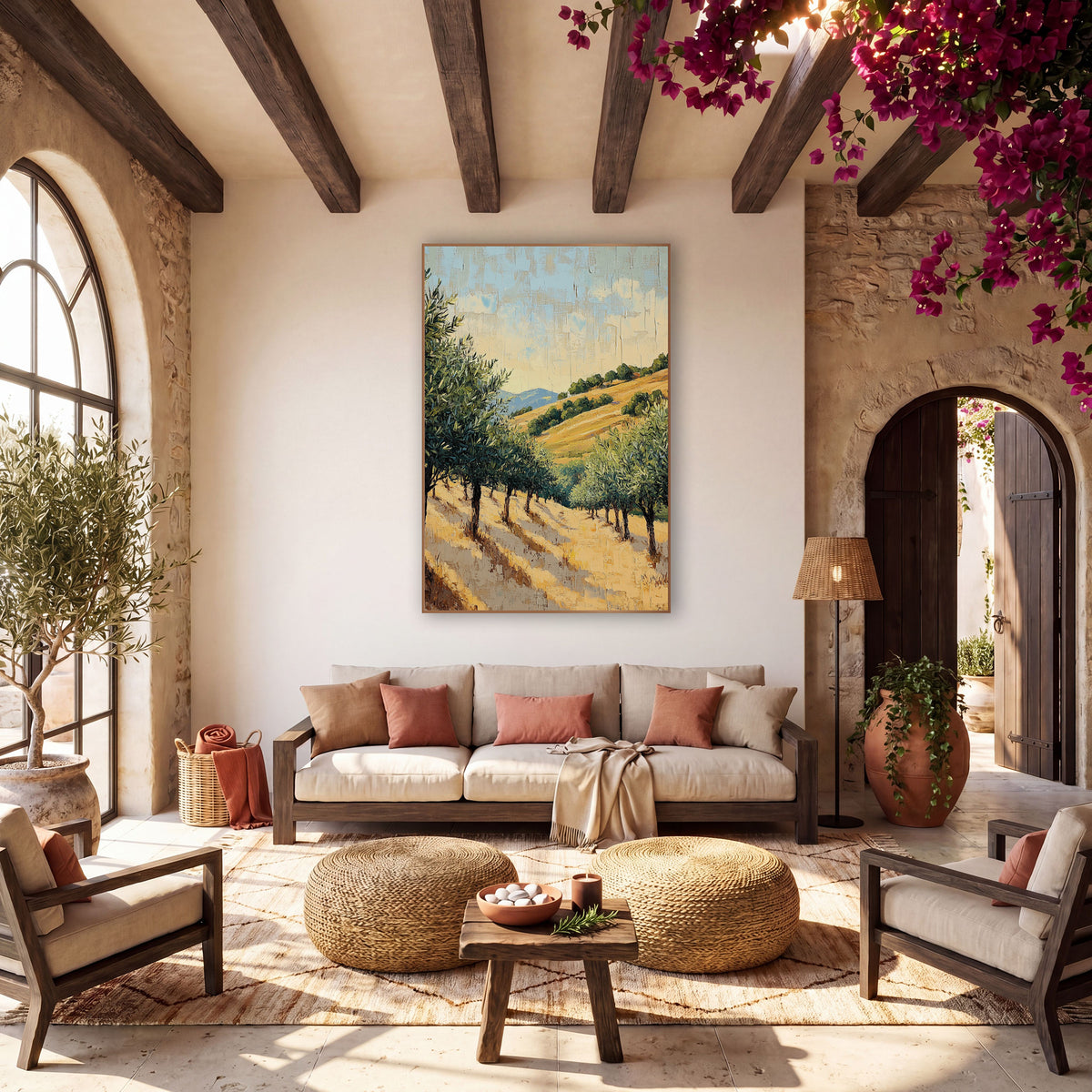 Golden Olive Grove Boho wall art in a warm boho-style room – olive trees on a golden grass hillside with long shadows