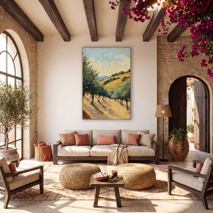 Golden Olive Grove Boho wall art in a warm boho-style room – olive trees on a golden grass hillside with long shadows