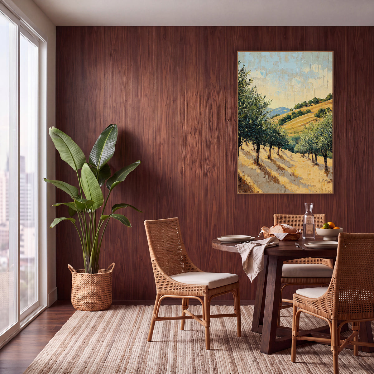 Golden Olive Grove Boho wall art in a warm boho-style room – olive trees on a golden grass hillside with long shadows