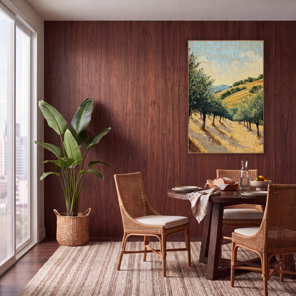 Golden Olive Grove Boho wall art in a warm boho-style room – olive trees on a golden grass hillside with long shadows