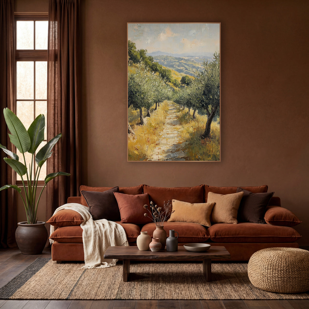 Grassy Path Between Olive Trees wall art in a warm boho-style room – olive trees line a pale dirt path through golden