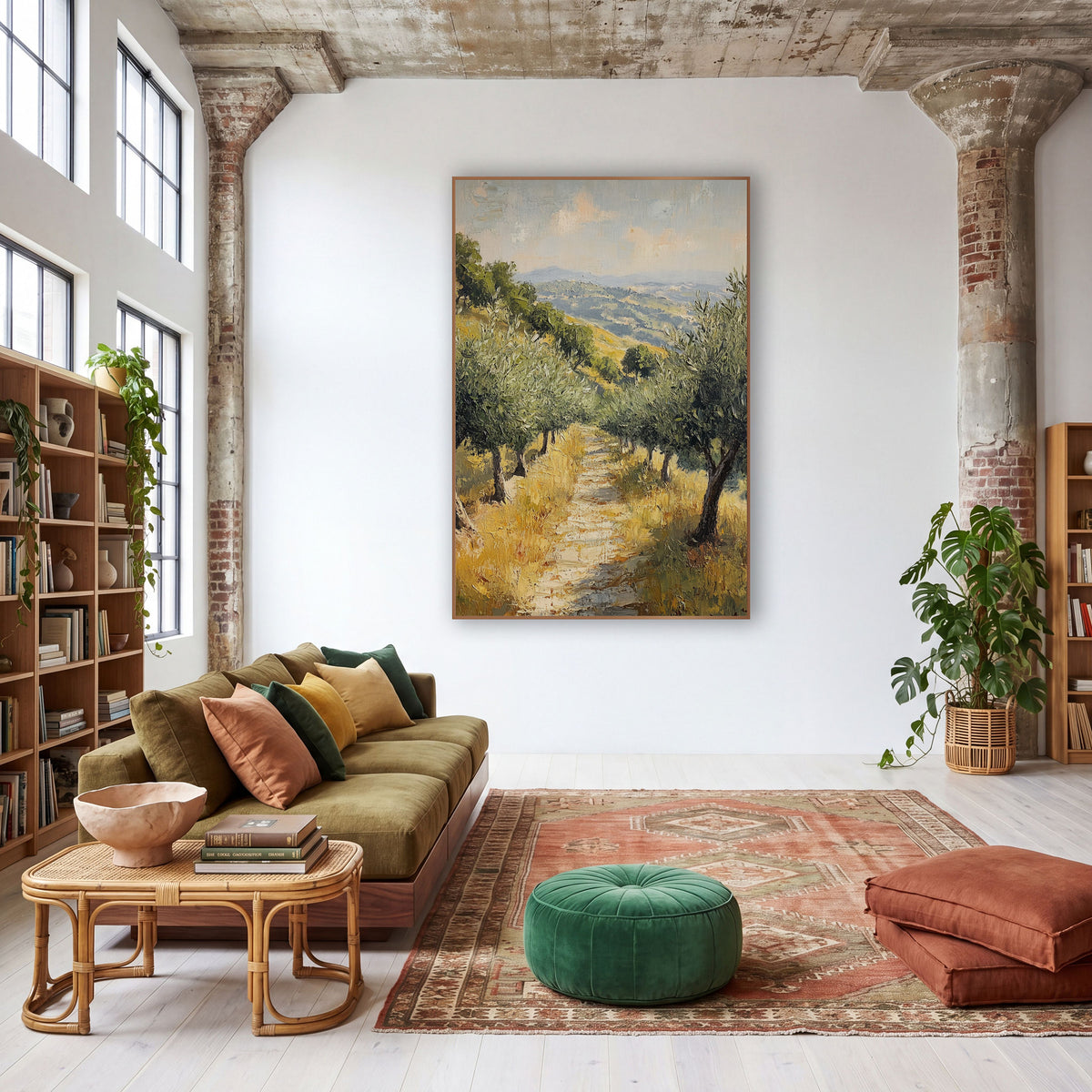 Grassy Path Between Olive Trees wall art in a warm boho-style room – olive trees line a pale dirt path through golden