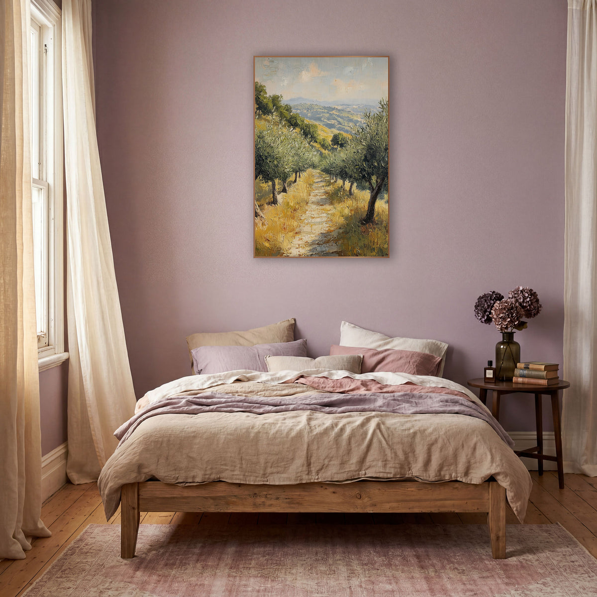 Grassy Path Between Olive Trees wall art in a warm boho-style room – olive trees line a pale dirt path through golden