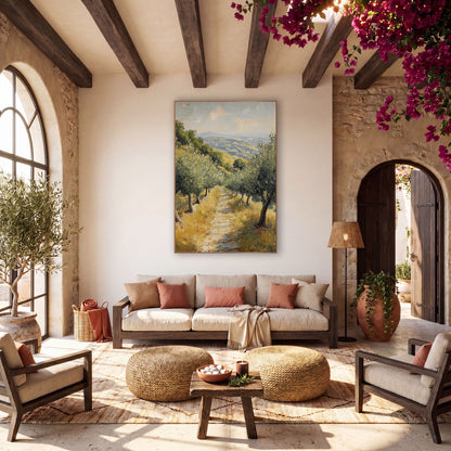 Grassy Path Between Olive Trees wall art in a warm boho-style room – olive trees line a pale dirt path through golden