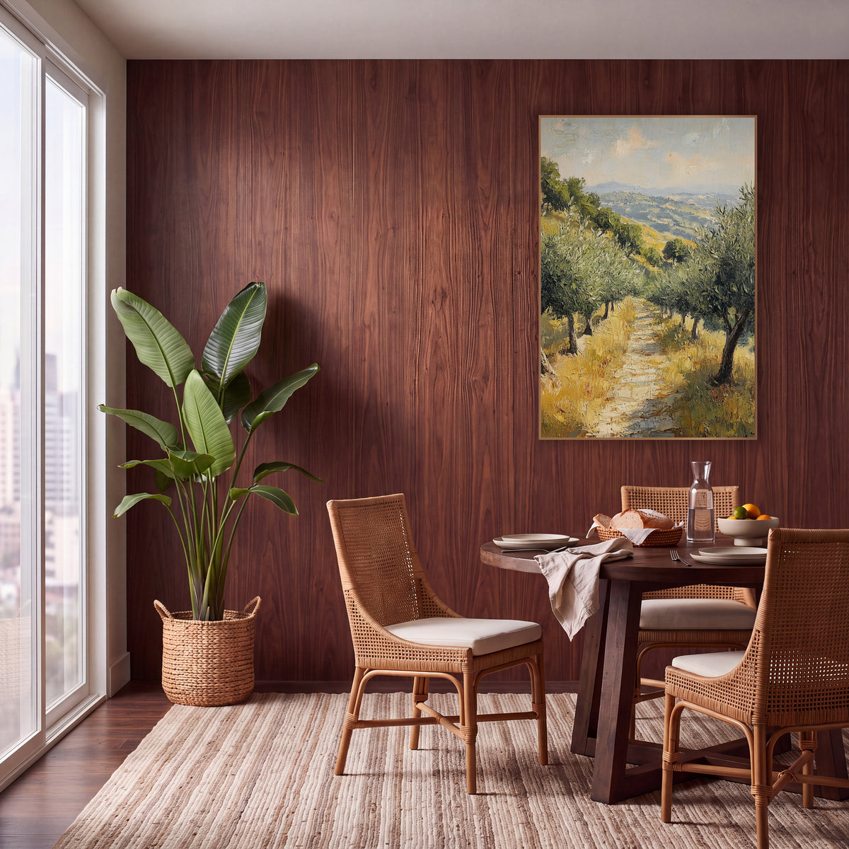 Grassy Path Between Olive Trees wall art in a warm boho-style room – olive trees line a pale dirt path through golden