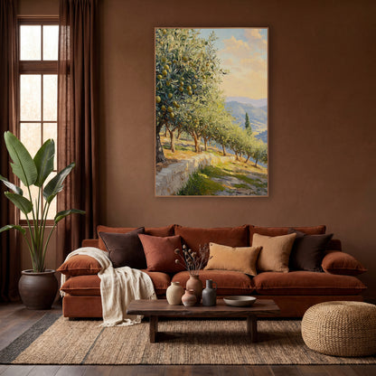 Sunset Terrace Olive Trees Pastel wall art in a warm boho-style room – olive trees with yellow-green fruit along