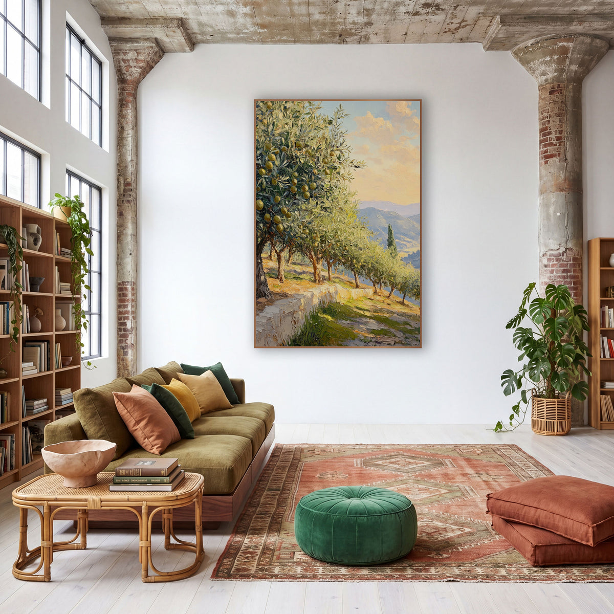 Sunset Terrace Olive Trees Pastel wall art in a warm boho-style room – olive trees with yellow-green fruit along