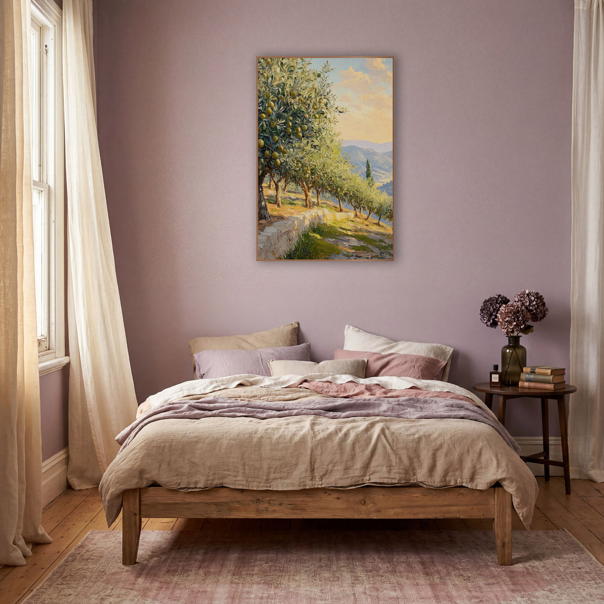 Sunset Terrace Olive Trees Pastel wall art in a warm boho-style room – olive trees with yellow-green fruit along