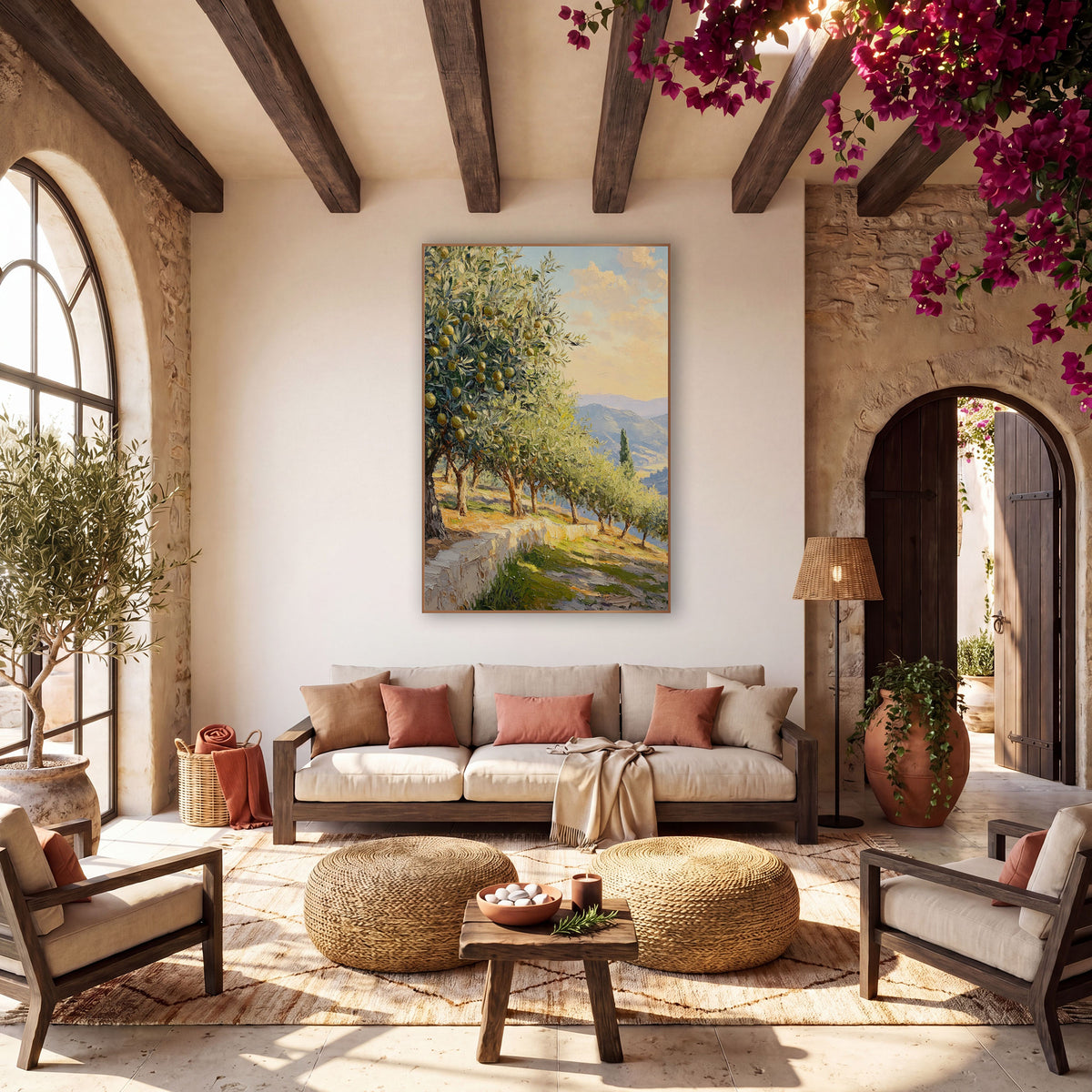 Sunset Terrace Olive Trees Pastel wall art in a warm boho-style room – olive trees with yellow-green fruit along