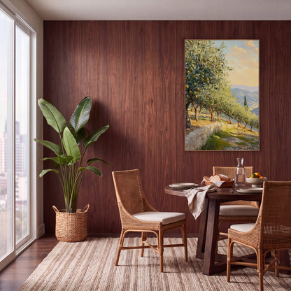 Sunset Terrace Olive Trees Pastel wall art in a warm boho-style room – olive trees with yellow-green fruit along
