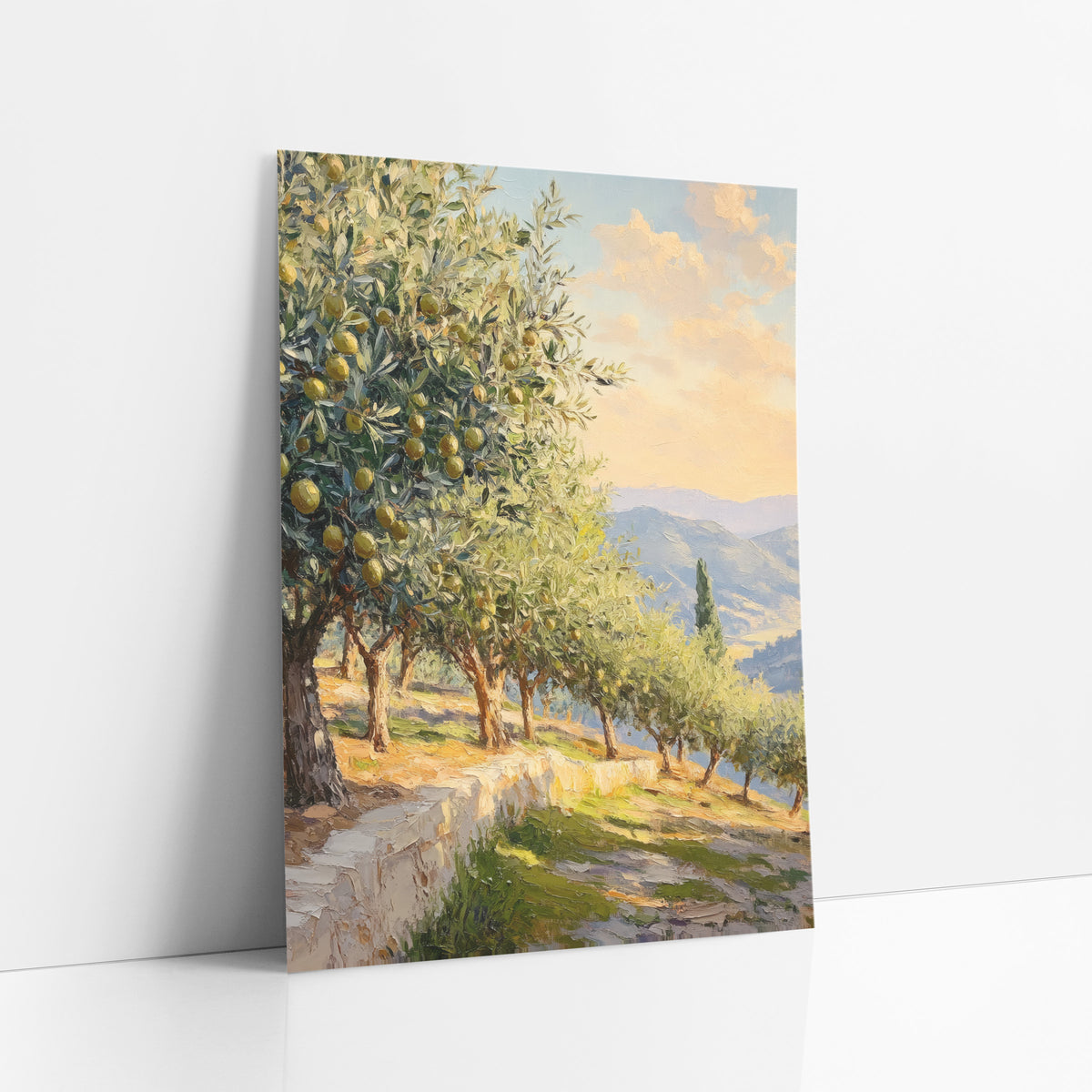 Sunset Terrace Olive Trees Pastel art print leaning against a white wall – olive trees with yellow-green fruit along a stone