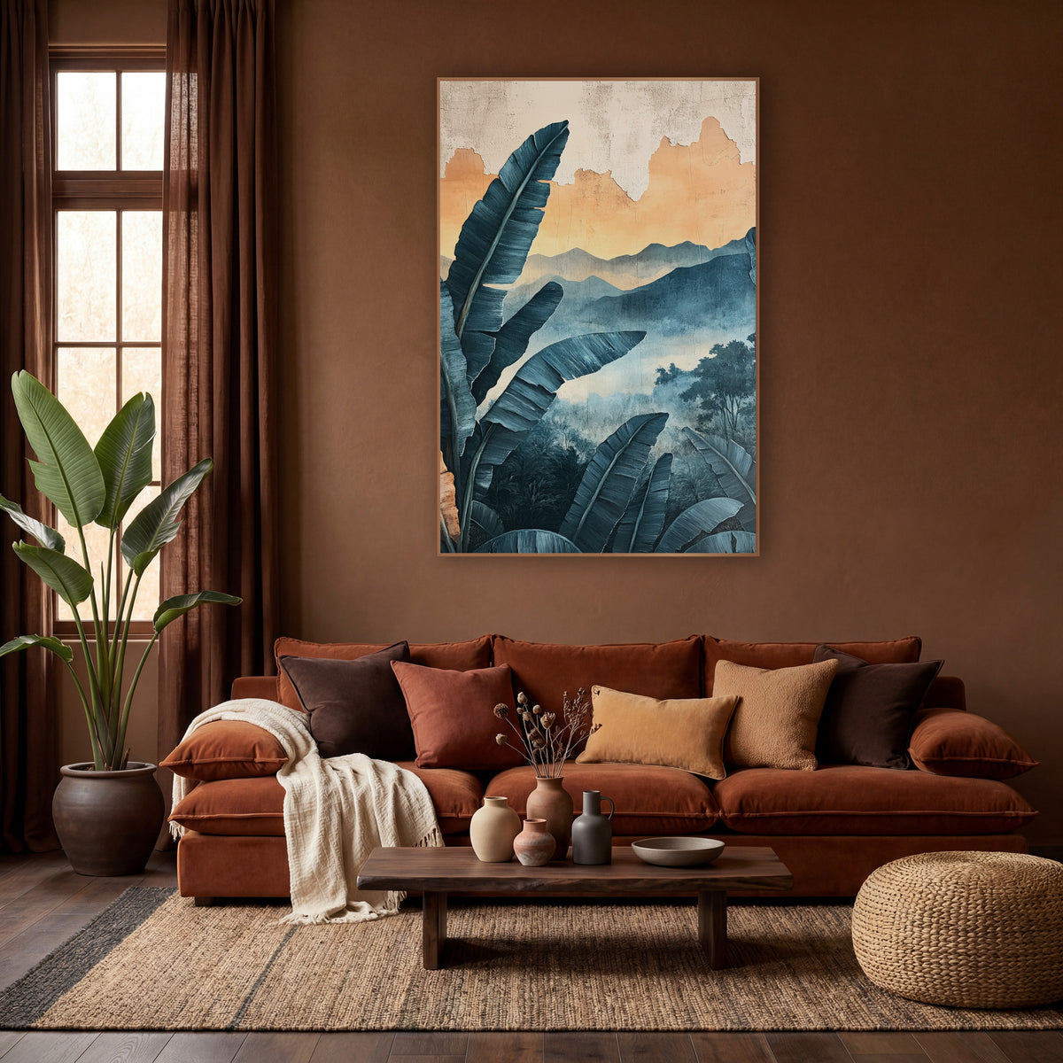 Teal Banana Leaf Misty Mountains Bohemian wall art in a warm boho-style room – teal banana leaves in front of misty