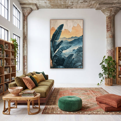 Teal Banana Leaf Misty Mountains Bohemian wall art in a warm boho-style room – teal banana leaves in front of misty