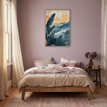 Teal Banana Leaf Misty Mountains Bohemian wall art in a warm boho-style room – teal banana leaves in front of misty