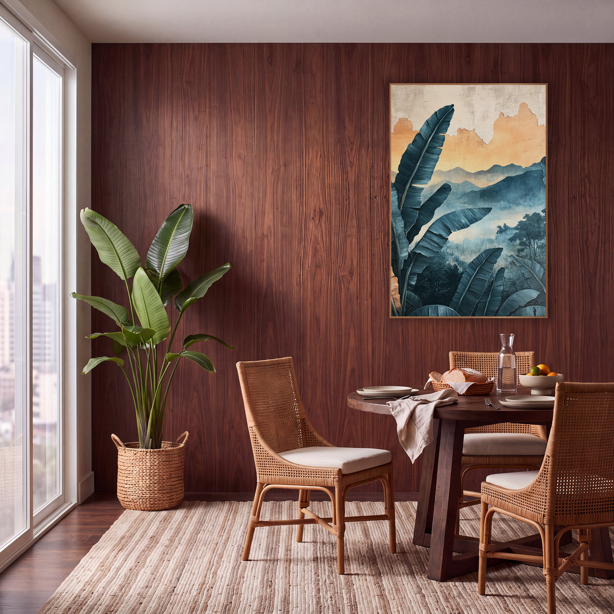 Teal Banana Leaf Misty Mountains Bohemian wall art in a warm boho-style room – teal banana leaves in front of misty