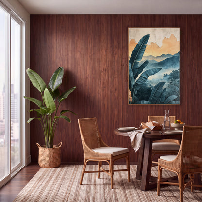 Teal Banana Leaf Misty Mountains Bohemian wall art in a warm boho-style room – teal banana leaves in front of misty
