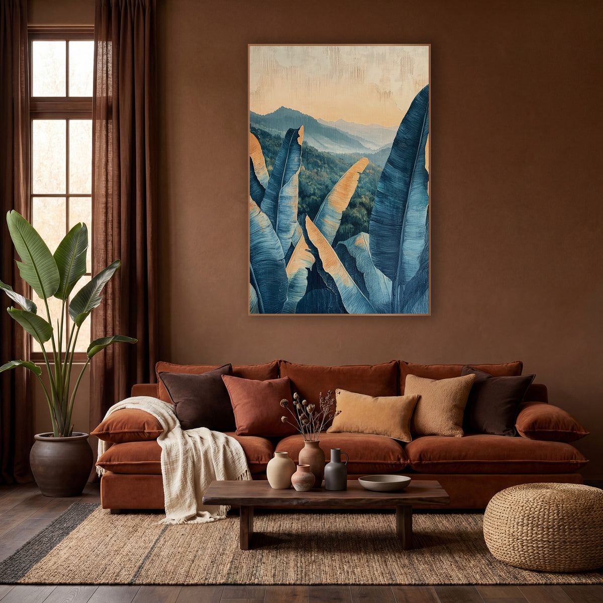 Blue Banana Leaves Boho wall art in a warm boho-style room – blue banana leaves with peach edges in front of green