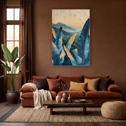Blue Banana Leaves Boho wall art in a warm boho-style room – blue banana leaves with peach edges in front of green