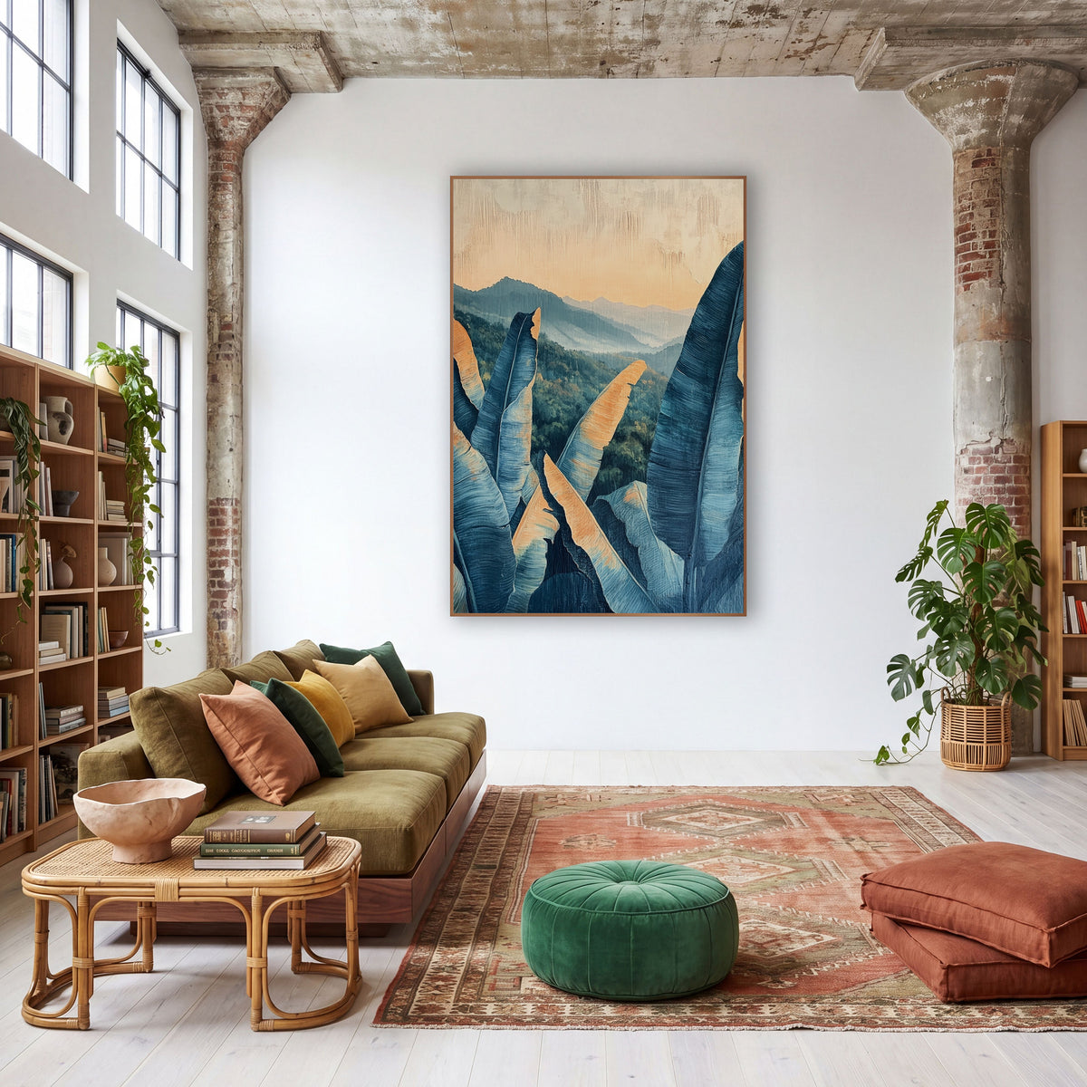 Blue Banana Leaves Boho wall art in a warm boho-style room – blue banana leaves with peach edges in front of green