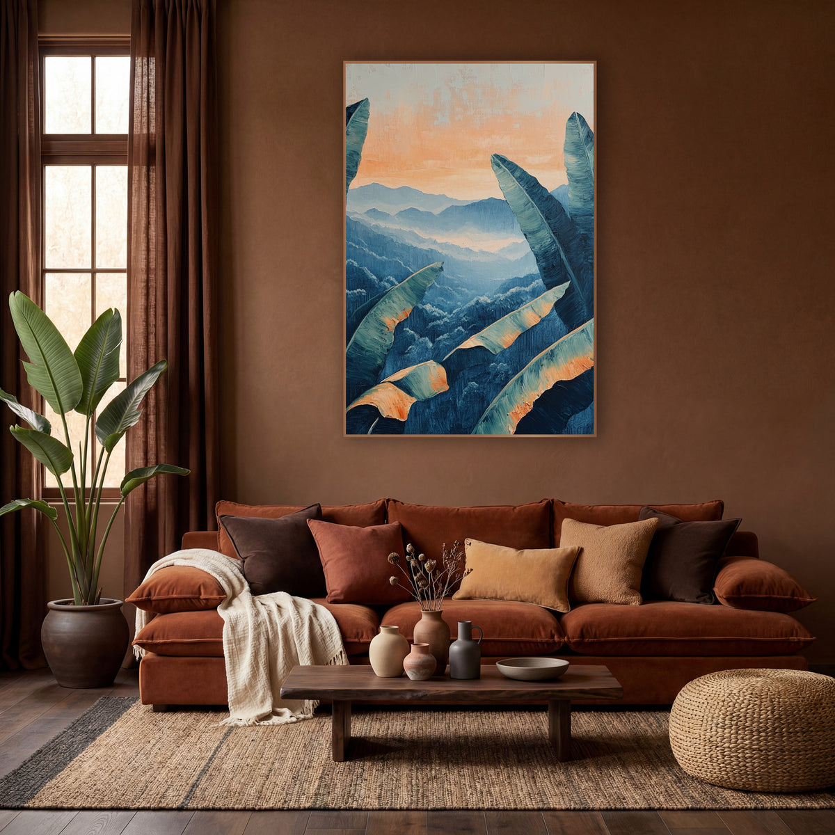 Banana Leaves Misty Mountain Boho wall art in a warm boho-style room – teal banana leaves with peach edges frame
