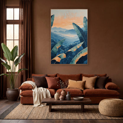 Banana Leaves Misty Mountain Boho wall art in a warm boho-style room – teal banana leaves with peach edges frame