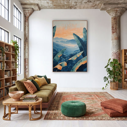 Banana Leaves Misty Mountain Boho wall art in a warm boho-style room – teal banana leaves with peach edges frame