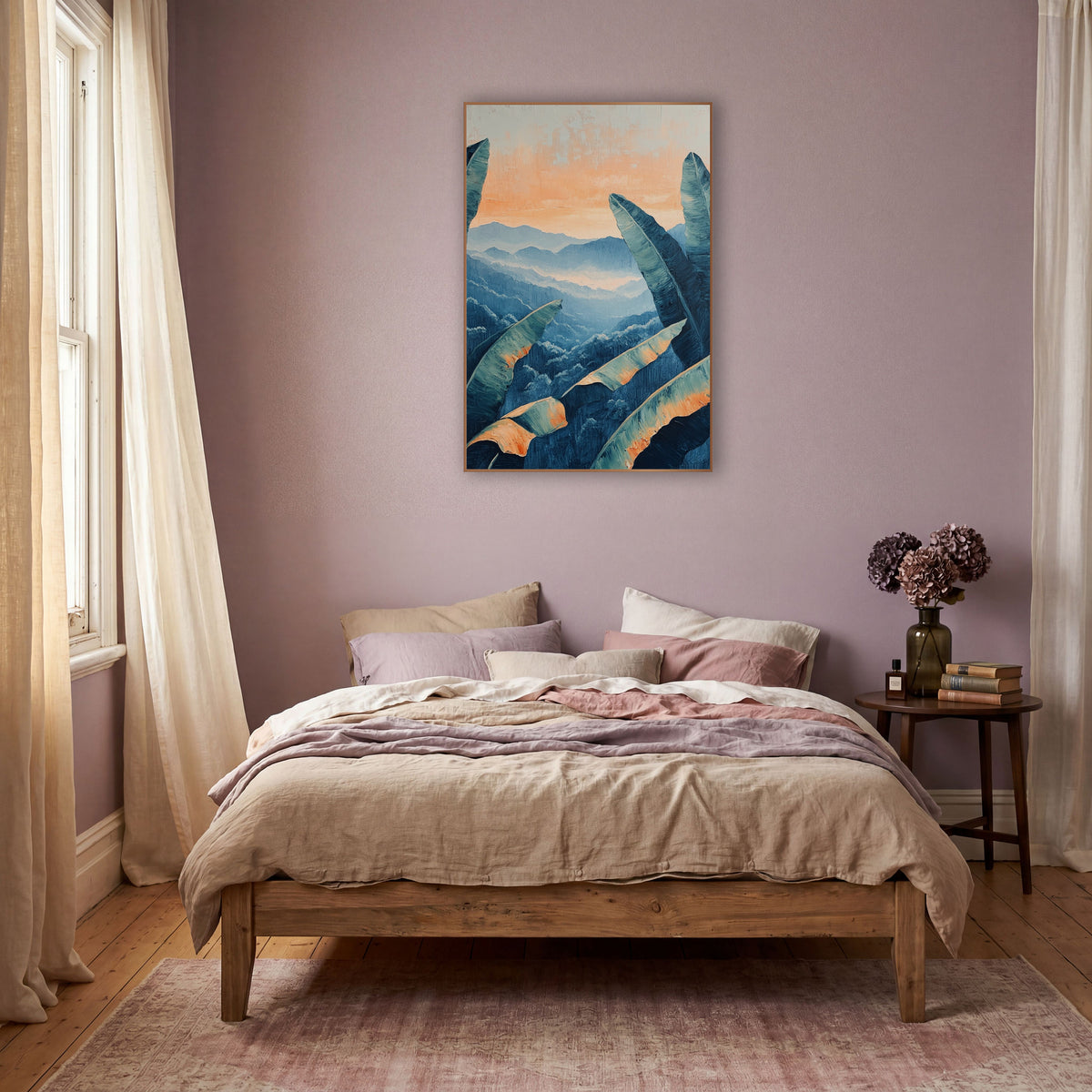 Banana Leaves Misty Mountain Boho wall art in a warm boho-style room – teal banana leaves with peach edges frame