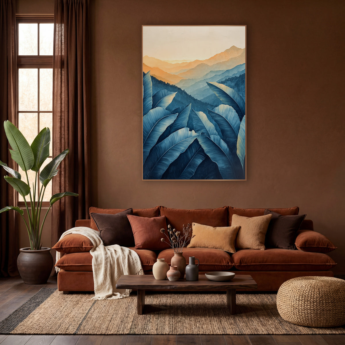 Blue Banana Leaf Mountain Boho wall art in a warm boho-style room – large blue banana leaves in front of layered