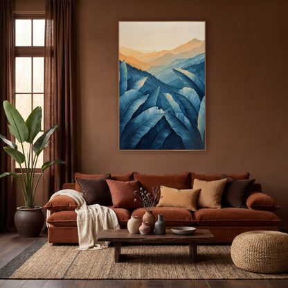 Blue Banana Leaf Mountain Boho wall art in a warm boho-style room – large blue banana leaves in front of layered